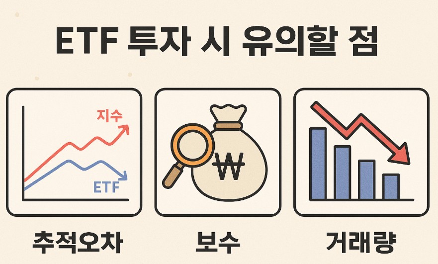 ETF 투자 시 유의할 점 (추적오차, 보수, 거래량) 관련 그림