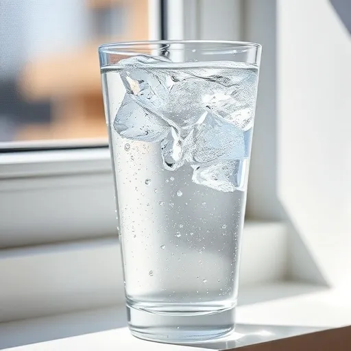 차갑고 신선해 보이는 물이 담긴 투명한 유리잔이 햇빛이 비치는 창가에 놓여 있습니다. 잔 주변에 물방울이 맺혀 있어 시원하고 갈증을 해소하는 느낌을 줍니다. 배경은 깨끗하고 단순하게 유지해 물에 집중도를 높여주세요.