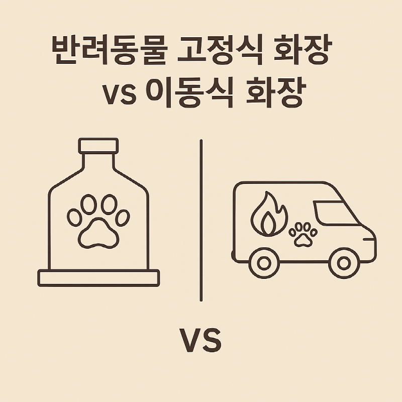 왼쪽에는 건물 형태의 화장장, 오른쪽에는 바퀴가 달린 이동식 화장 차량이 대칭적으로 배치되어 있으며, 가운데에는 'VS' 문구로 두 방식을 대비시켰습니다