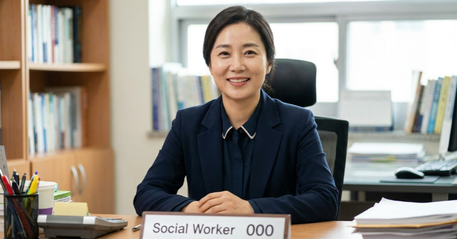 수많은 책과 서류가 놓인 책상 위에서 '사회복지사'라고 적힌 명패를 보며 미소 짓는 전문가