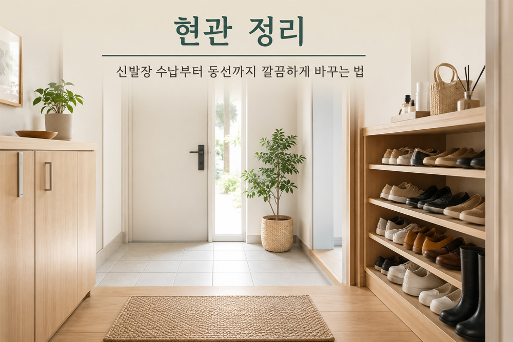 신발장 수납과 넓은 동선을 적용해 깔끔하게 정리된 밝은 현관 인테리어 모습