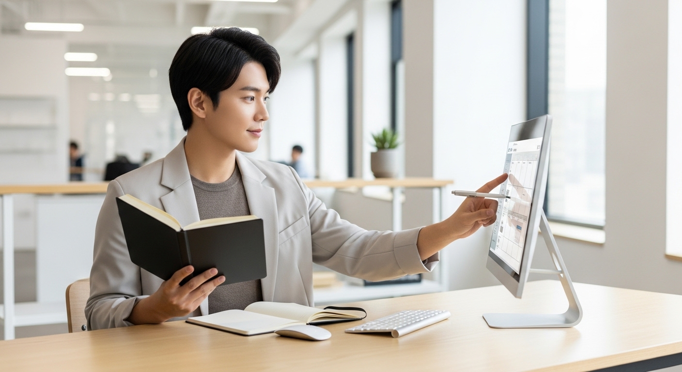한국의 젊은 직장인이 깔끔한 사무실에서 집중하여 효율적으로 시간 관리하는 모습