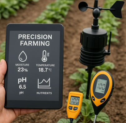 정밀 농업 장비와 토양 센서, 기상 관측기, 태블릿 화면에 표시된 농업 데이터
