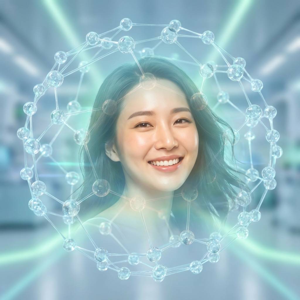 반짝이는 분자 구조들이 서로 연결되어 빛나는 구체를 형성하는 모습, 건강하고 활력 넘치는 한국인 여성의 미소 짓는 얼굴이 겹쳐짐