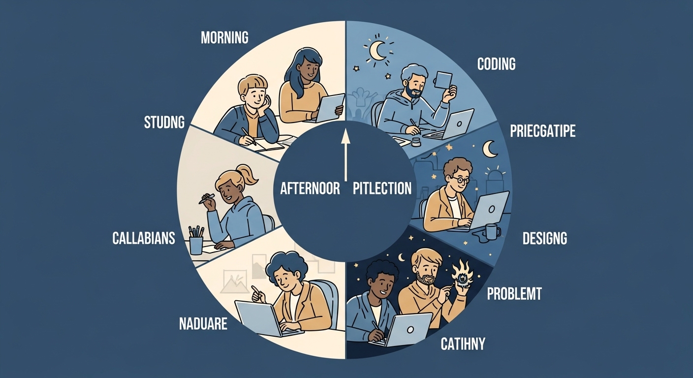 다양한 시간대에 각자의 활동에 몰두하며 생산성을 발휘하는 사람들의 모습으로, 개인의 크로노타입에 따른 최적 활동 시간을 보여줍니다.