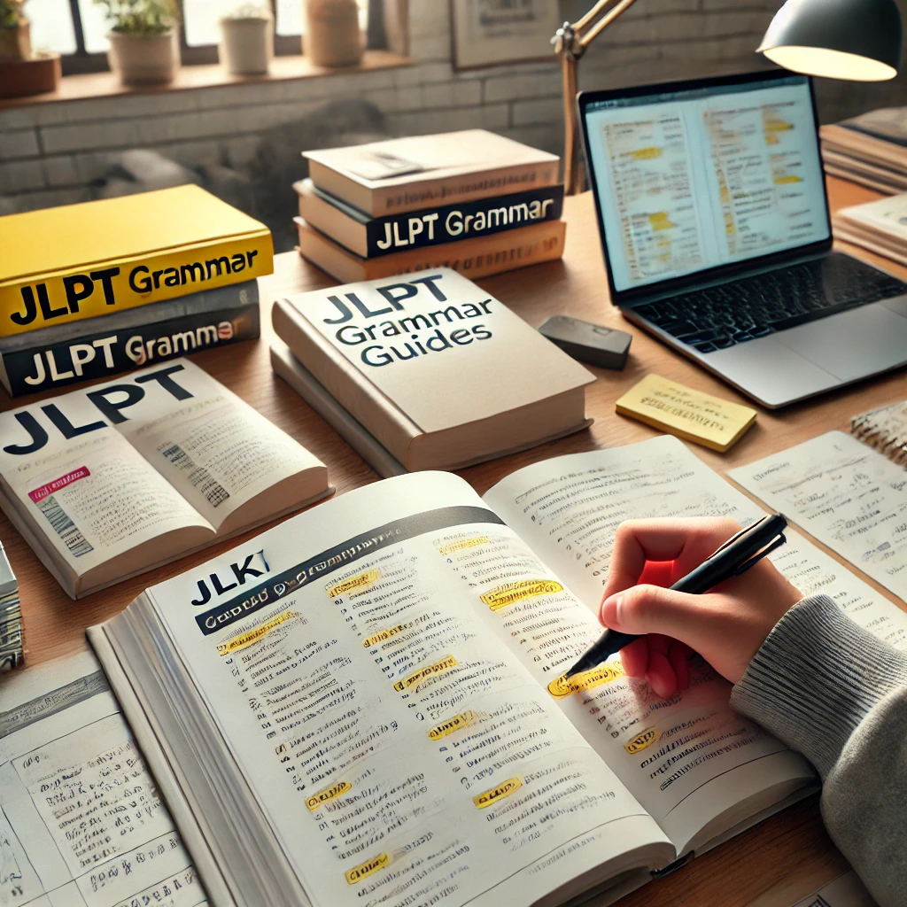 JLPT 문법책과 노트를 사용하는 학습 모습