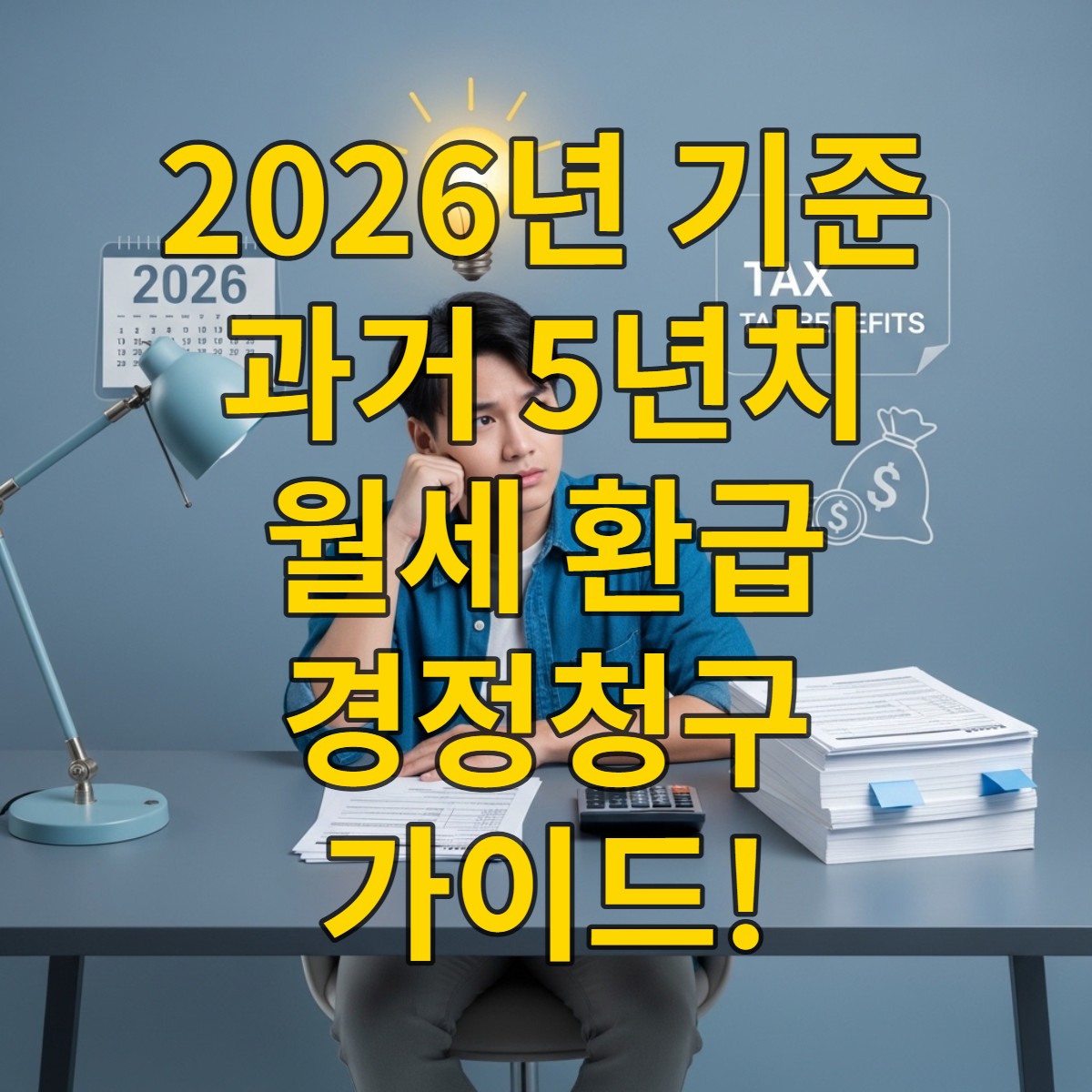 책상에 앉아 세금 서류와 계산기를 보며 혼란스러워하다가 월세 환급 가능성을 깨닫고 환하게 웃는 사람. 2026년 달력과 돈 가방 이미지가 함께 보인다.