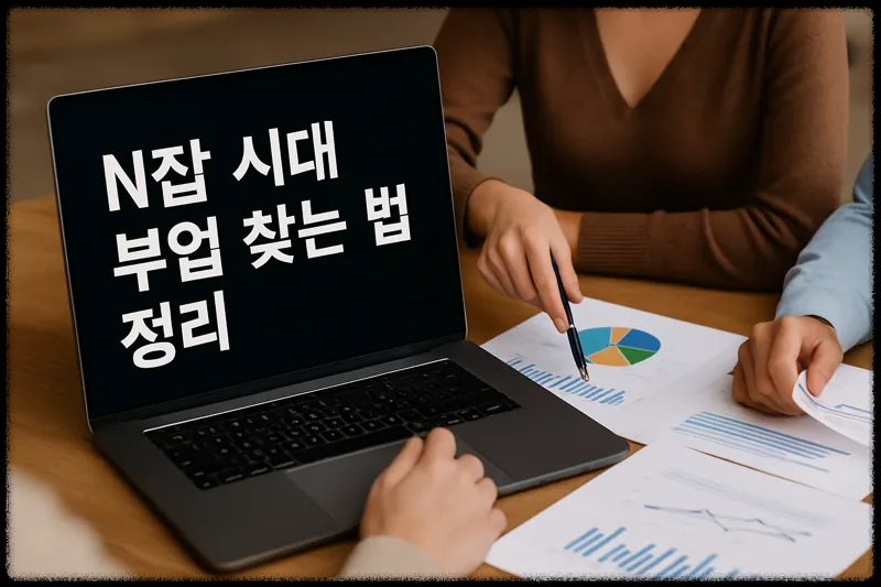책상 위에서 서로 다양한 부업 기회를 검토하고 아이디어를 나누고 있는 모습