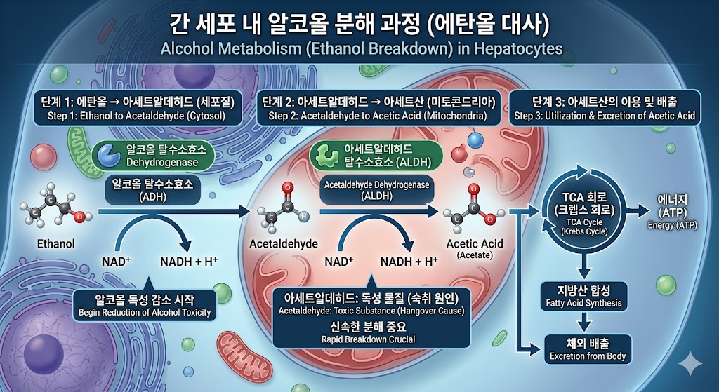 간에서 알코올과 아세트알데히드가 대사되는 과정을 시각화한 의학적 도식 이미지.