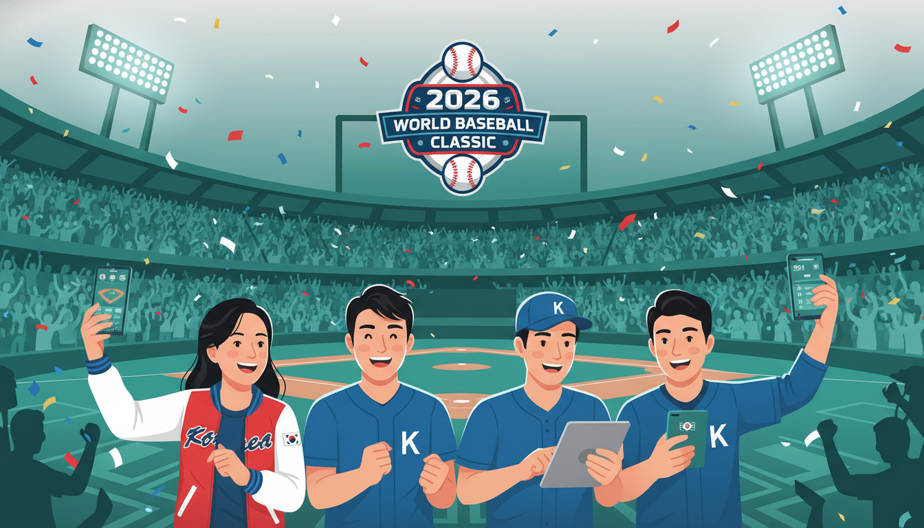 2026 WBC 로고가 있는 야구 경기장에서 모바일로 경기를 즐기는 다양한 팬들의 모습