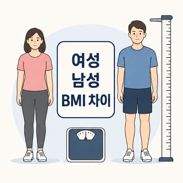 성인 여성과 남성, 체중계와 키 측정 아이콘으로 표현한 BMI 차이 안내 이미지