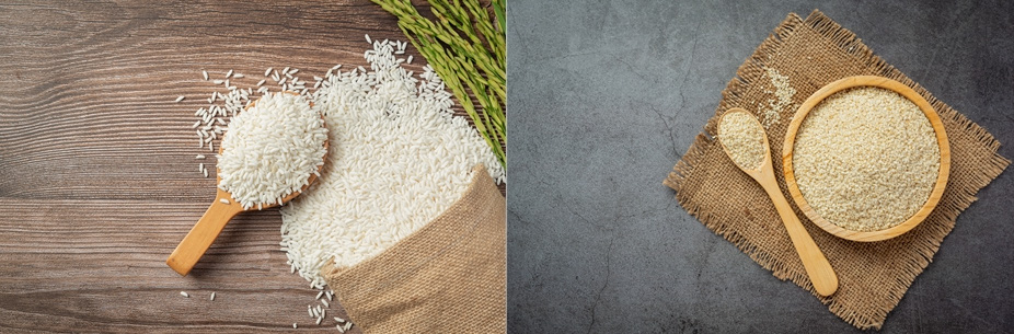 찹쌀 자루가 쓰러지면서 찹쌀이 자루 밖으로 쏟아지고, 숟가락에 찹쌀을 담은 사진과 그릇에 가득 담긴 멥쌀과 숟가락에 멥쌀을 담은 사진 - 태양인(太陽人)에게 맞는 음식