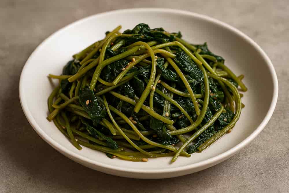 한식 반찬 고구마순 나물. 데친 고구마 줄기를 참기름과 마늘로 볶아낸 전통적인 한국 나물 요리.
