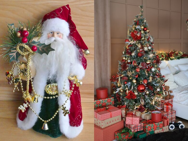 좌측은 산타클로스 모형 인형으로 붉은색 털모자와 하얀 긴 수염을 하고 여러가지 장식이 매달린 줄을 들고 있는 사진이고 우측은 크리스마스 트리를 장식하고 그 주변에 많은 양의 선물이 쌓여있는 사진