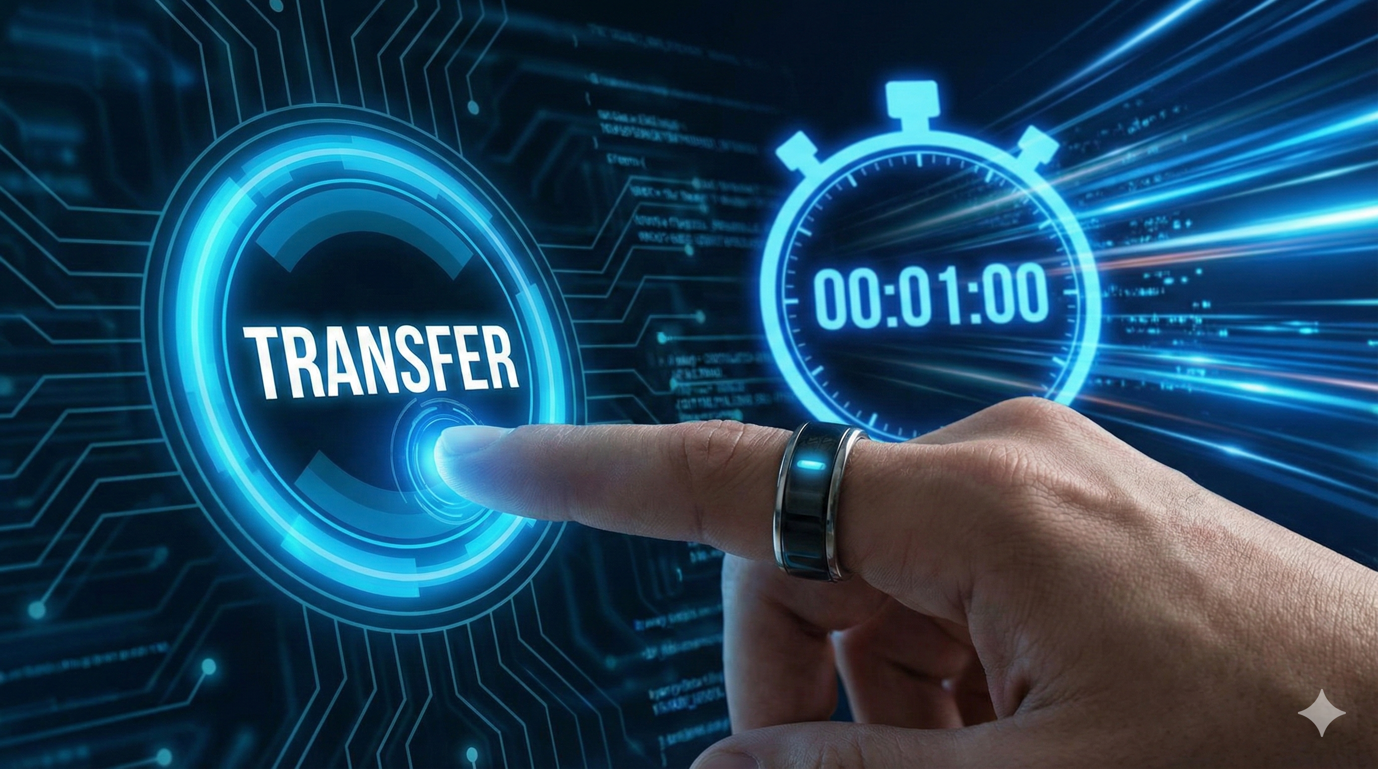 스마트폰 화면 속 시계가 '1 Minute'를 가리키고 있고, 손가락이 '내 계좌로 입금' 버튼을 누르자마자 돈이 전송되는 속도감을 표현한 이미지