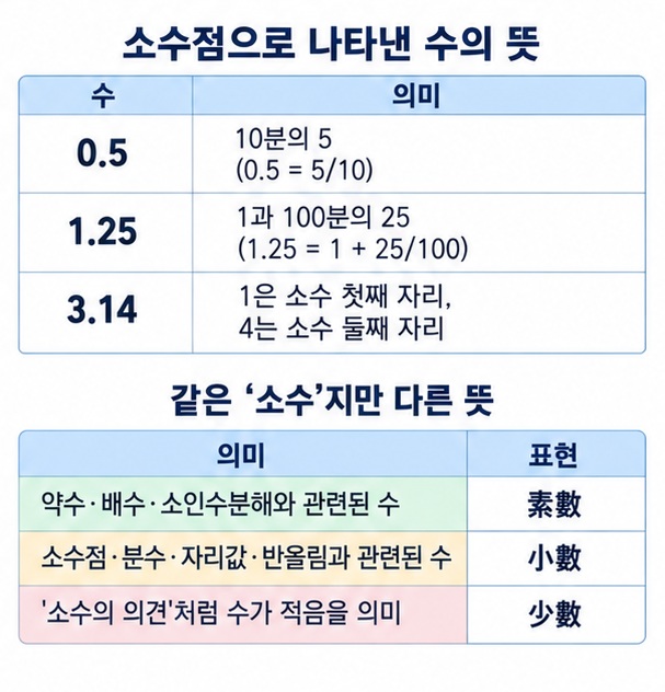 소수 素數와 0.5 1.25 3.14 같은 소수 小數 그리고 소수 少數의 뜻을 비교한 이미지
