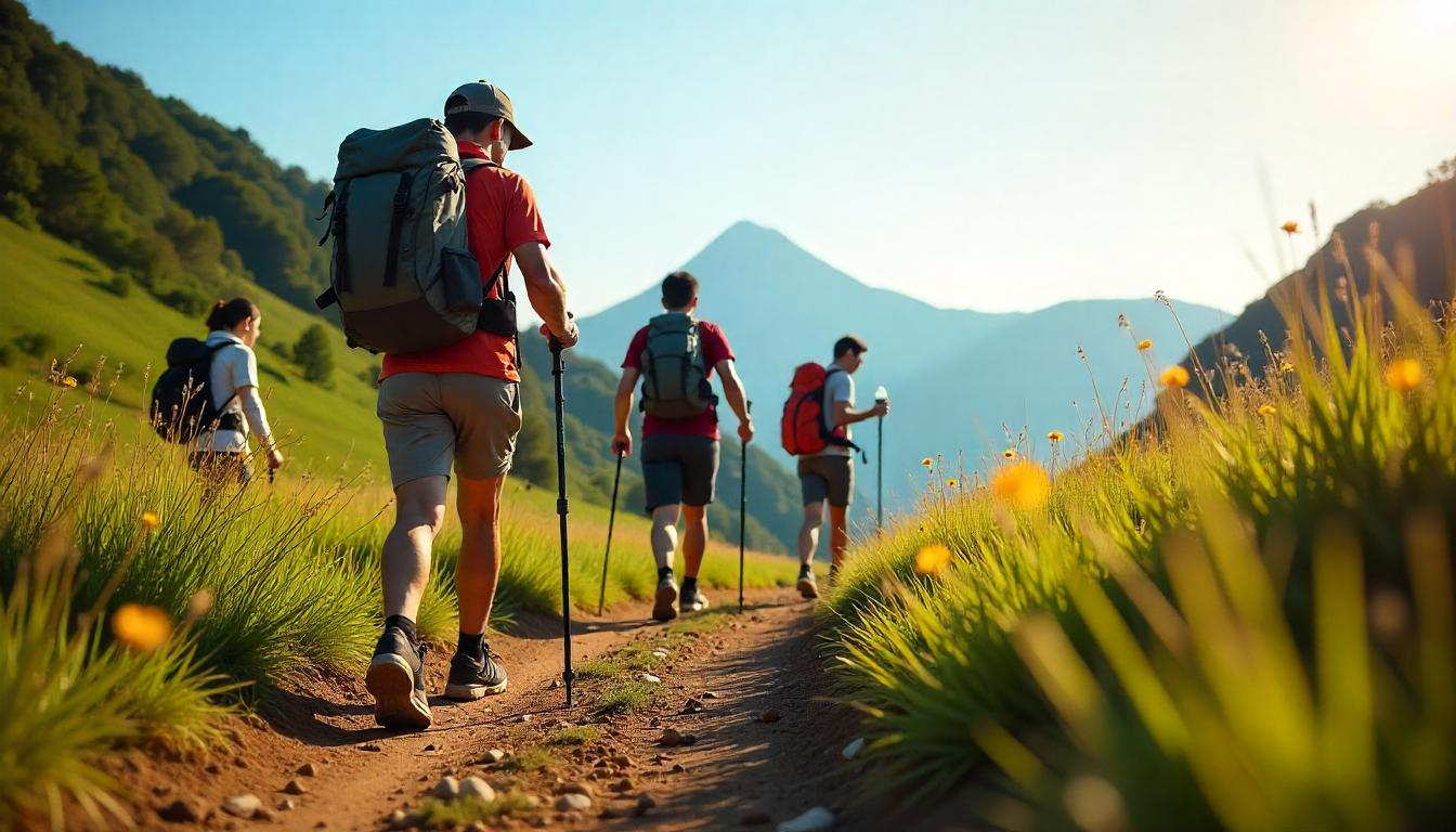 산길을 트레킹하는 하이커 그룹