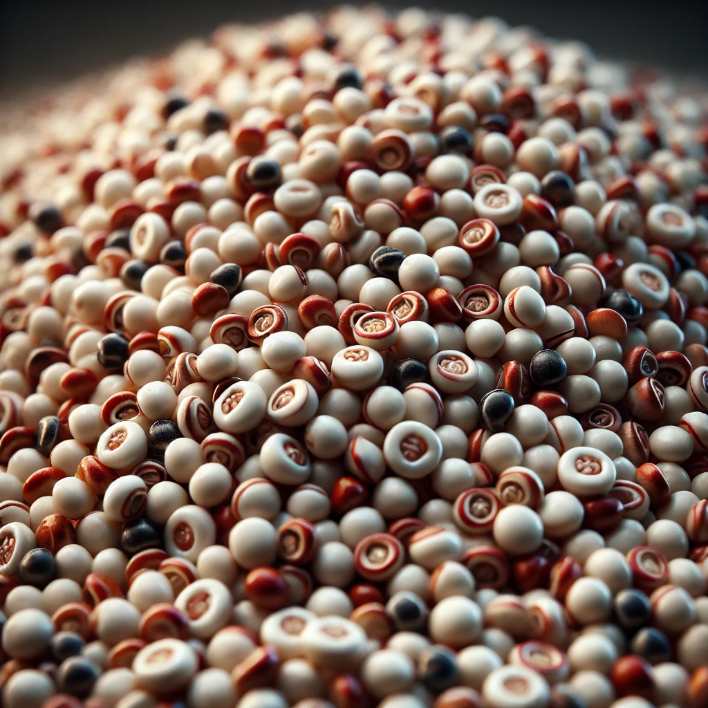 다양한 색상의 퀴노아 알갱이들이 섞여 있는 고해상도의 근접 사진