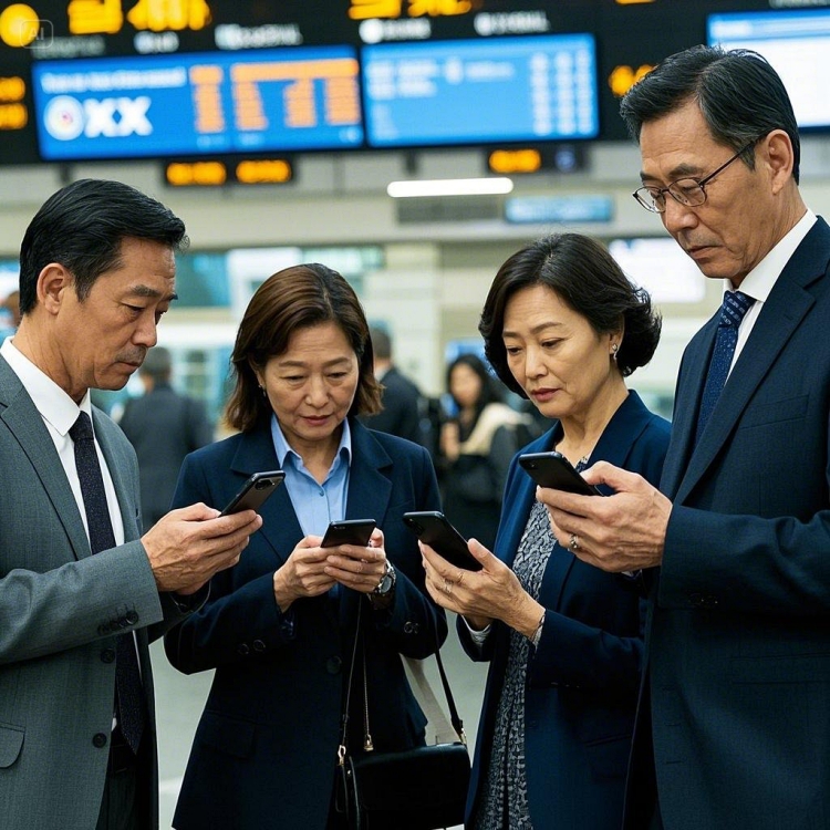 KTX 예매를 위해 코레일톡 앱을 사용하는 여행자의 모습, 스마트폰 화면이 강조된 실내 장면1