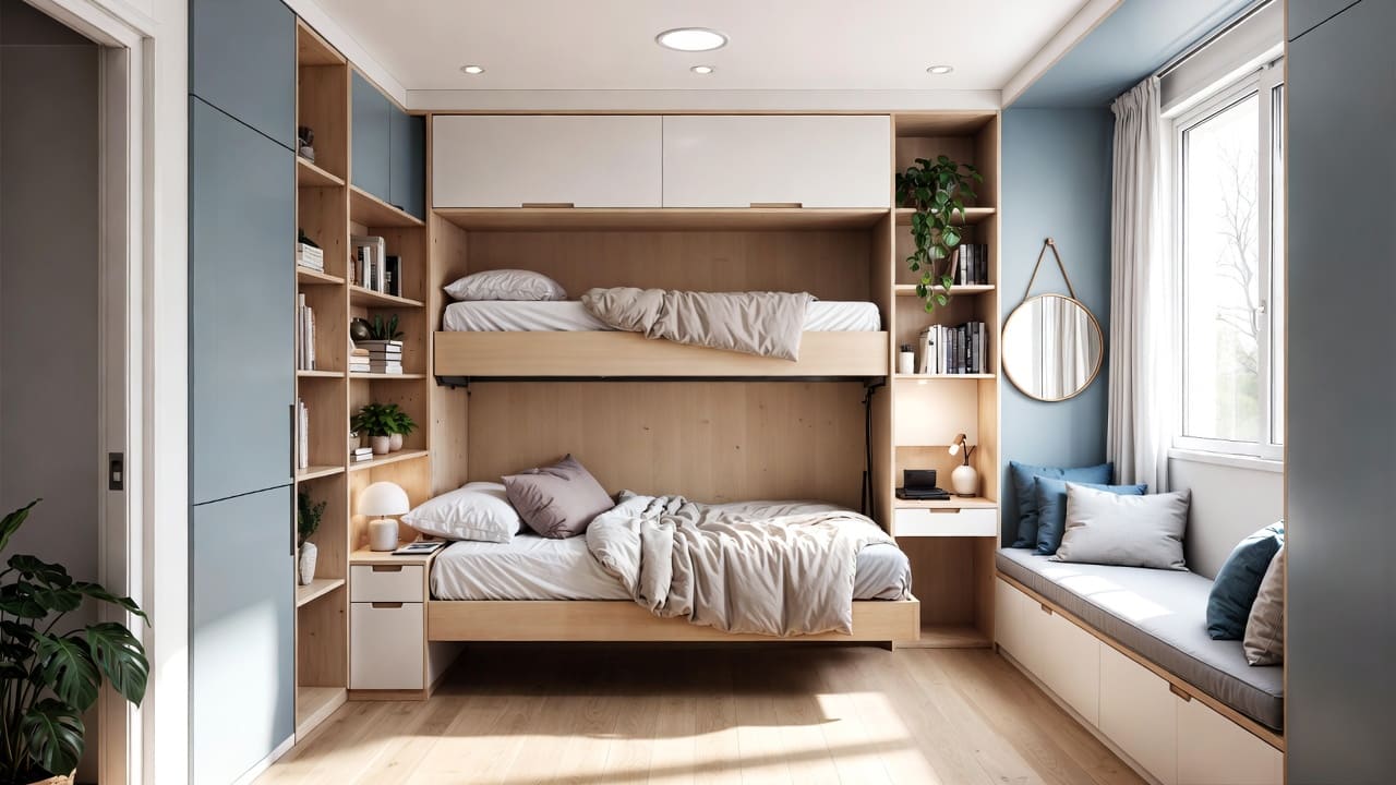 낮에는 작업 공간, 밤에는 침실로 변하는 모던한 벽 침대가 설치된 스마트한 작은 침실.