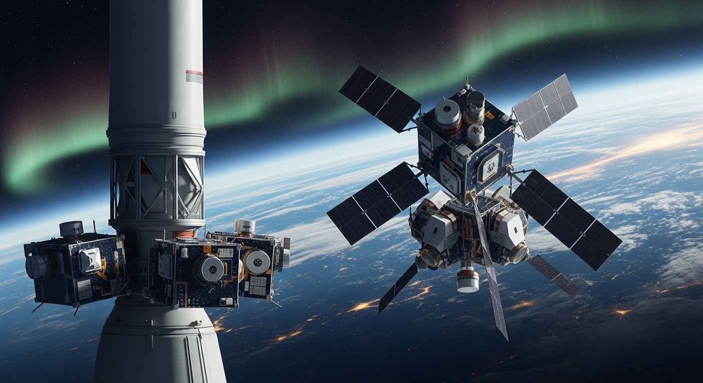 지구의 오로라와 대기광을 관측하기 위해 우주 공간에 배치된 소형 관측 위성들의 모습. 누리호의 임무와 관련된 중요한 장면.