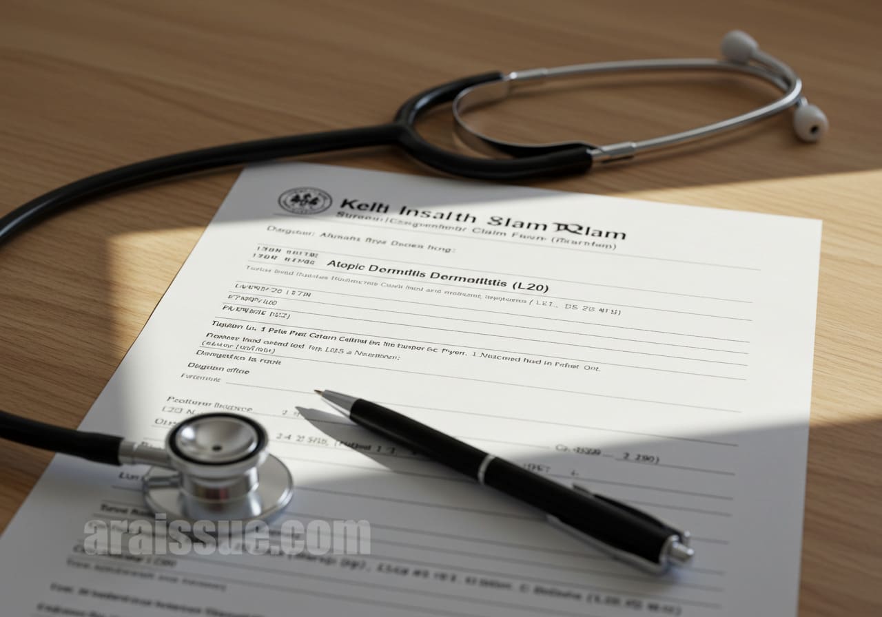 아토피 피부염(L20) 진단명이 적힌 건강보험 청구서가 책상 위에 놓여 있고, 옆에는 청진기와 펜이 함께 배치돼 있는 현실적인 장면입니다.