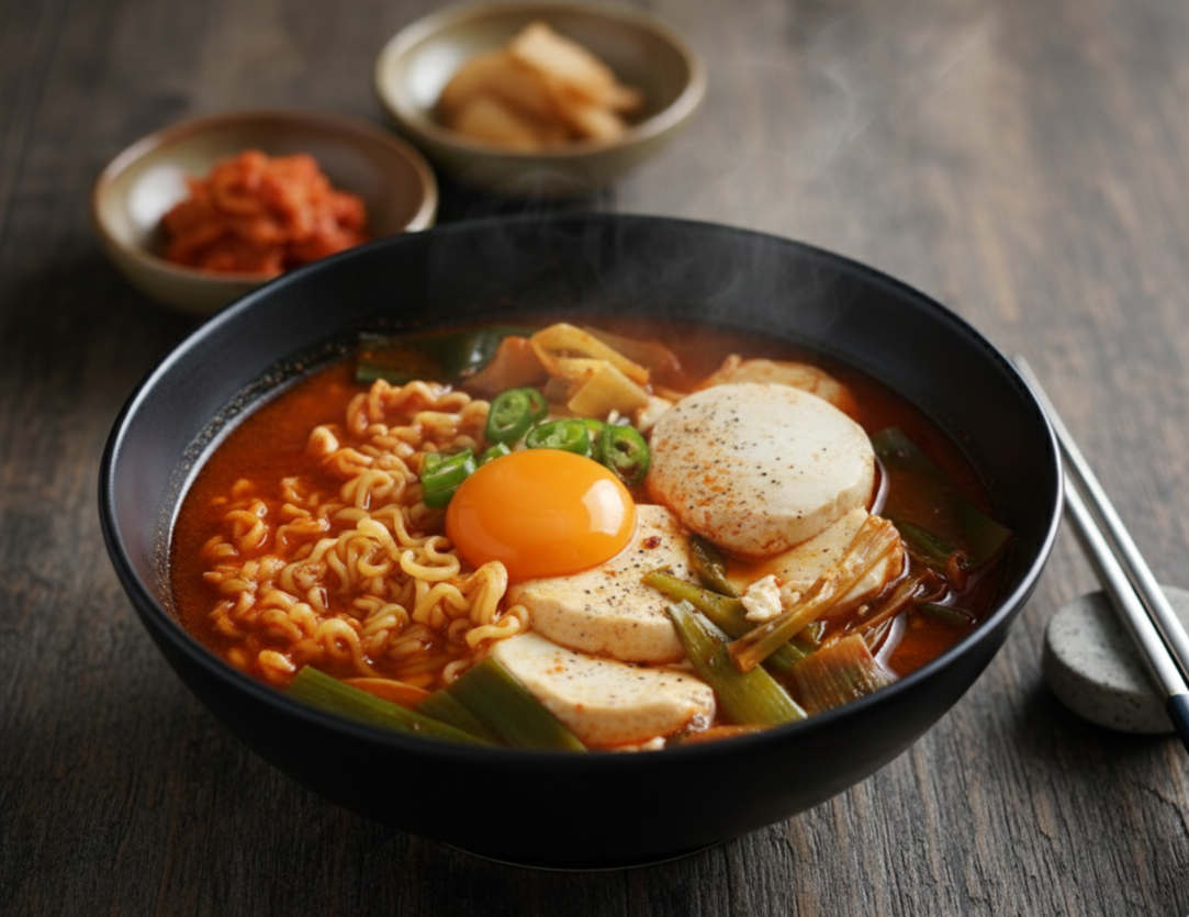 검은색 모던한 볼에 담긴 순두부 열라면. 꼬들꼬들한 라면 면발 위에 큼직하고 부드러운 순두부 덩어리와 선명한 계란 노른자, 송송 썰린 대파와 고추가 토핑된 먹음직스러운 열라면 순두부 이미지.