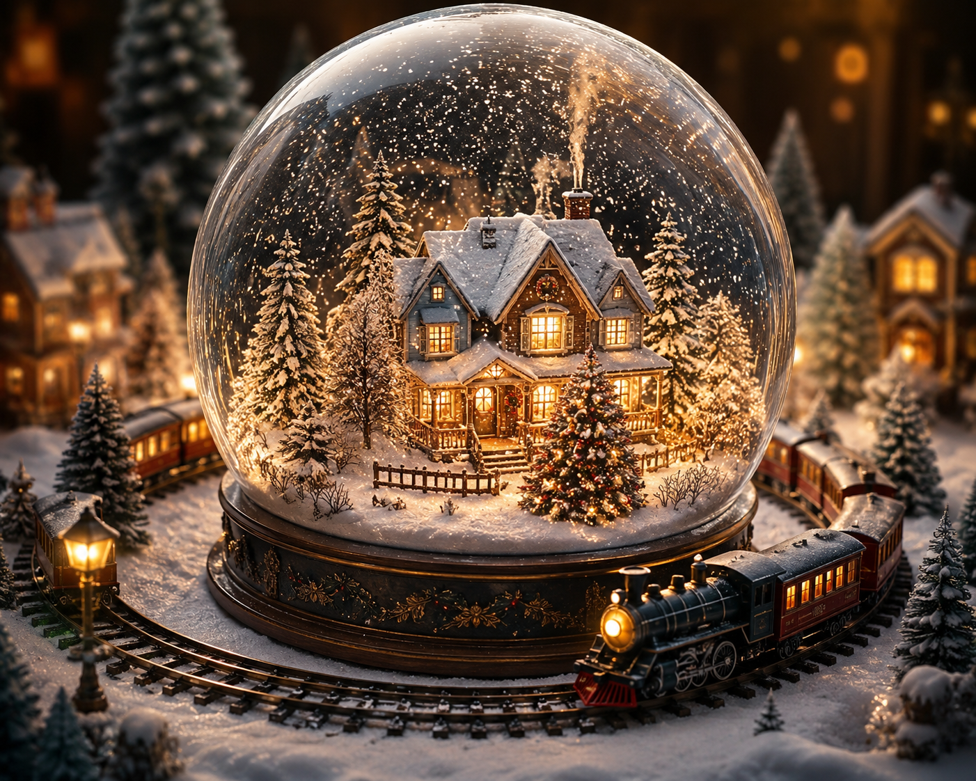 A magical glowing Christmas snow globe with a cozy cottage inside, representing warm family movies for the winter holidays.