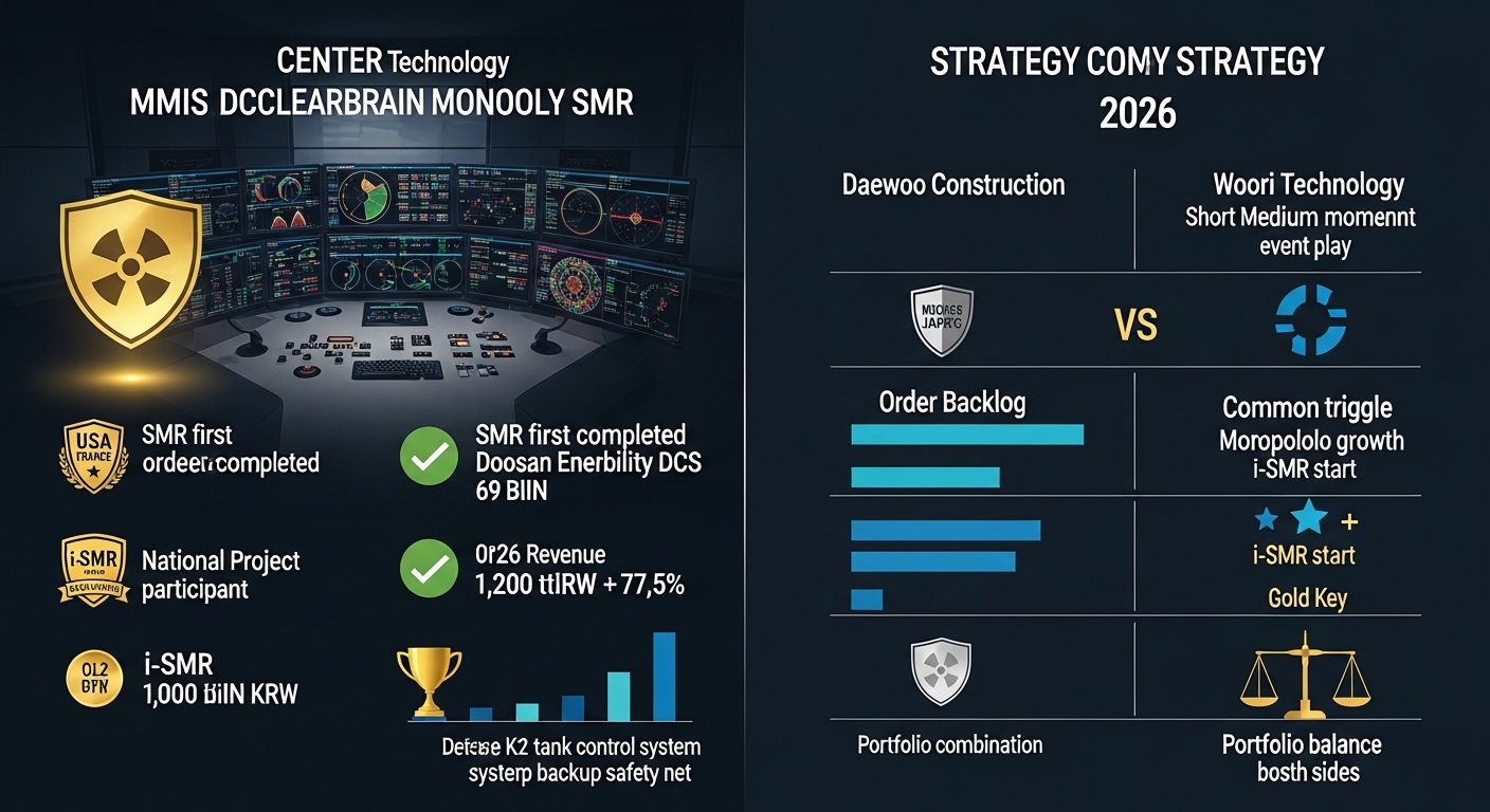 Woori Technology MMIS DCS nuclear brain monopoly SMR investment strategy infographic 2026, dark navy background, left half center nuclear control room MMIS dashboard multi-screen real-time monitoring gold glow World 4th nationalized technology USA France Japan Korea shield, SMR first order completed Doosan Enerbility DCS 69 billion KRW green checkmark badge, i-SMR national project participant badge, order backlog 1.27 trillion KRW plus 77.5 percent bar chart rising, 2026 revenue 1000 billion KRW milestone gold trophy, defense K2 tank control system backup safety net silver badge, right half strategy comparison table Daewoo Construction short medium momentum event play teal lane vs Woori Technology long term monopoly growth blue lane, common trigger Czech contract plus i-SMR start gold key, portfolio combination balance scale both sides, professional dark navy cinematic infographic