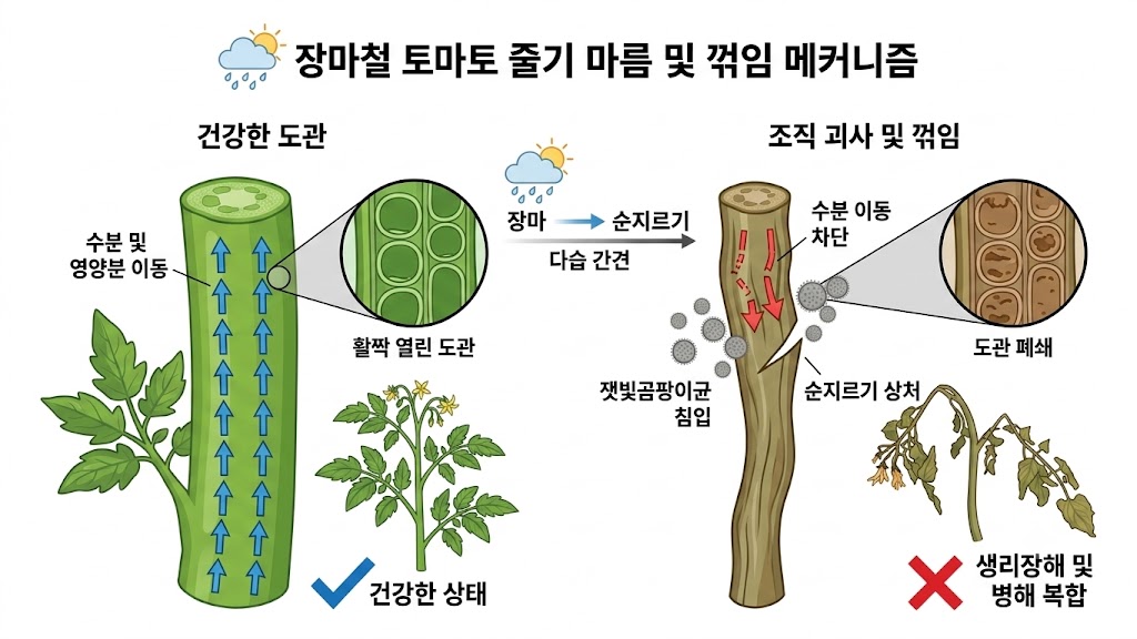 방울토마토 장마철 순지르기 상처를 통한 병원균 침입과 도관 폐쇄로 인한 줄기 가늘어짐 및 꺾임 원리 다이어그램