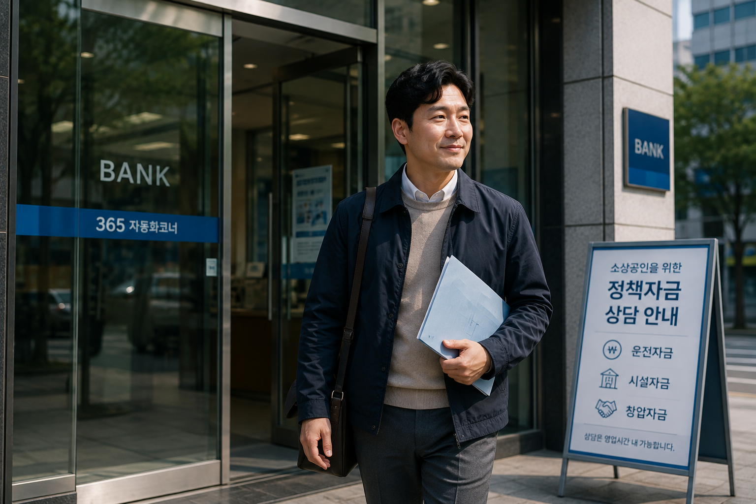 은행을 나선 남자와 정책자금 안내판
