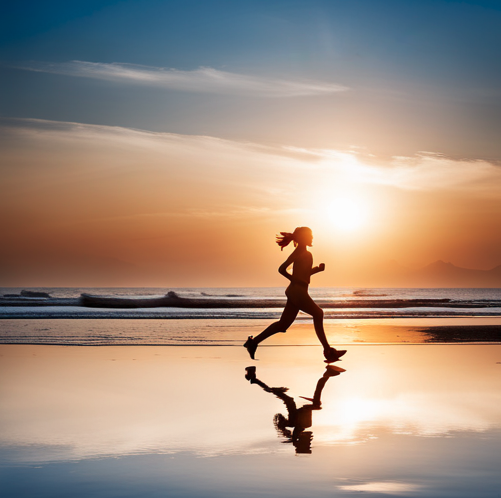 바닷가에서 일출을 배경으로 조깅을 하고 있는 여성의 사진이다.