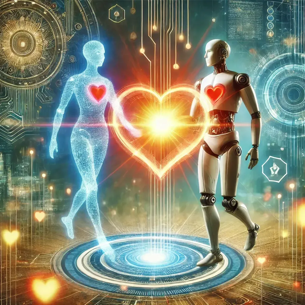 인간과 AI가 손을 잡고 협력하는 모습을 표현한 이미지. 인간의 심장과 AI의 에너지를 연결하여 의료와 기술의 협력을 구성으로 표시합니다.