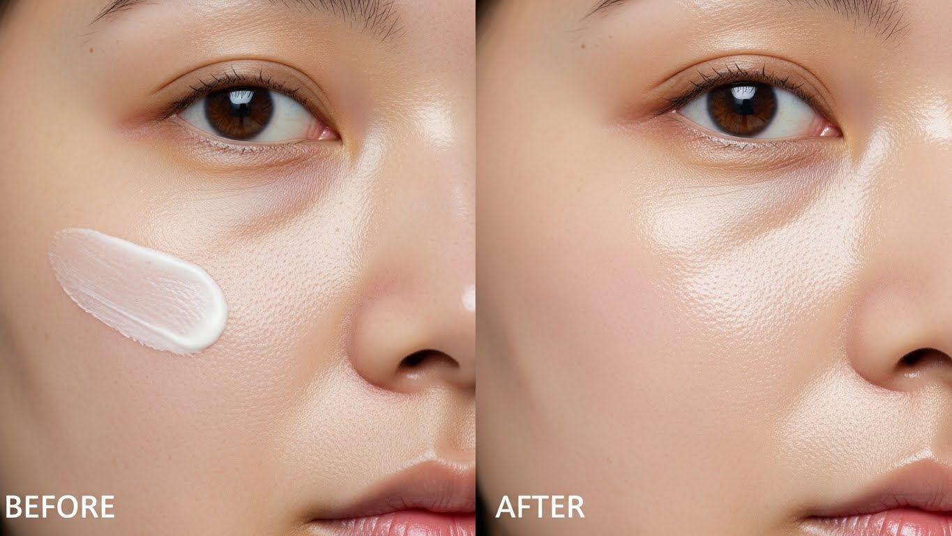 분할 이미지 또는 비교 사진: 한쪽은 자외선 차단제를 바른 얼굴(또는 뺨 부위)을 보여주고(약간 칙칙하거나 건조한 피부), 다른 한쪽은 '조선 부조 태양의 아름다움 : 쌀 + 프로바이오틱스' 자외선 차단제를 바른 후' 같은 얼굴을 보여줍니다.