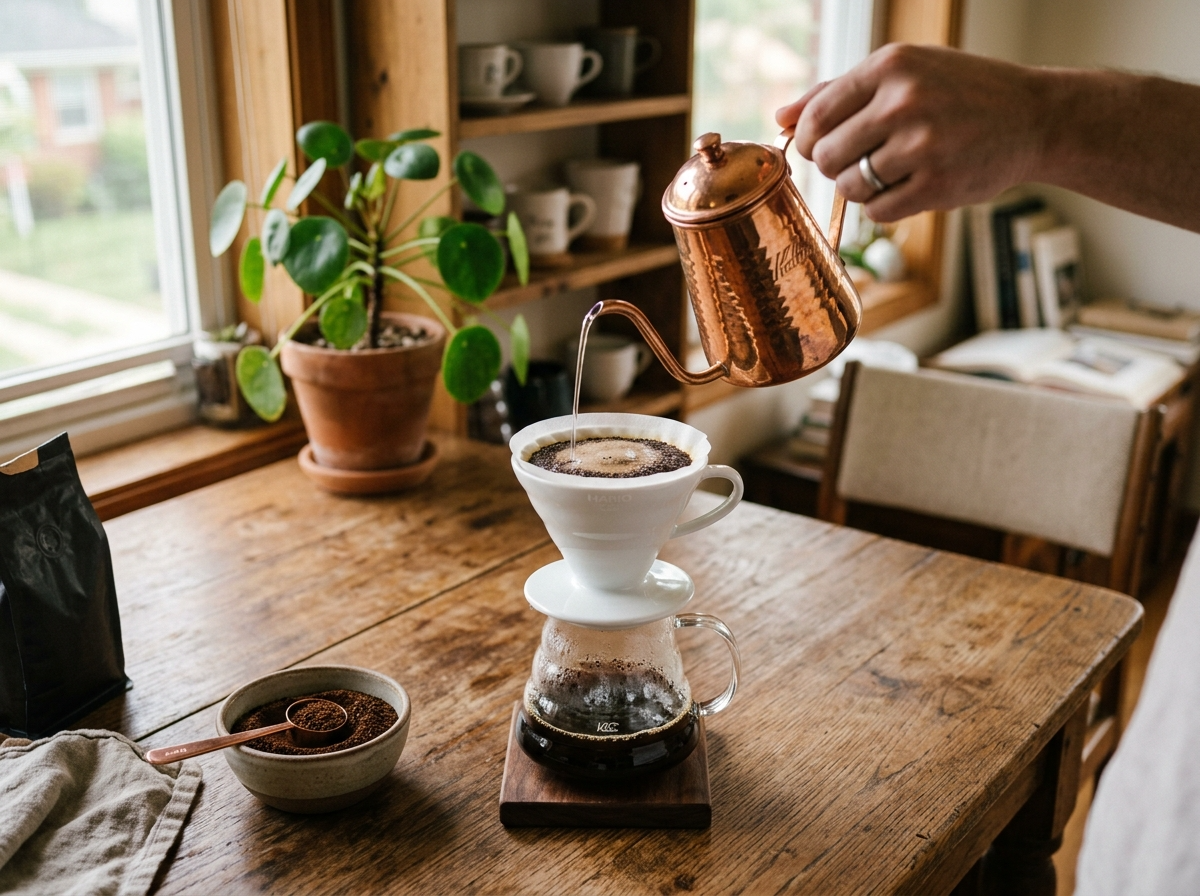 한국 홈카페 분위기에서 Hario V60 드리퍼와 구즈넥케틀로 물을 부어 핸드드립 브루잉하는 모습