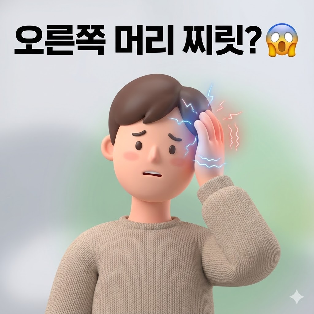 오른쪽 머리를 잡고 걱정하는 듯한 표정의 3D 카툰 일러스트. '오른쪽 머리 찌릿? 😱' 문구가 후킹 효과를 더한다.