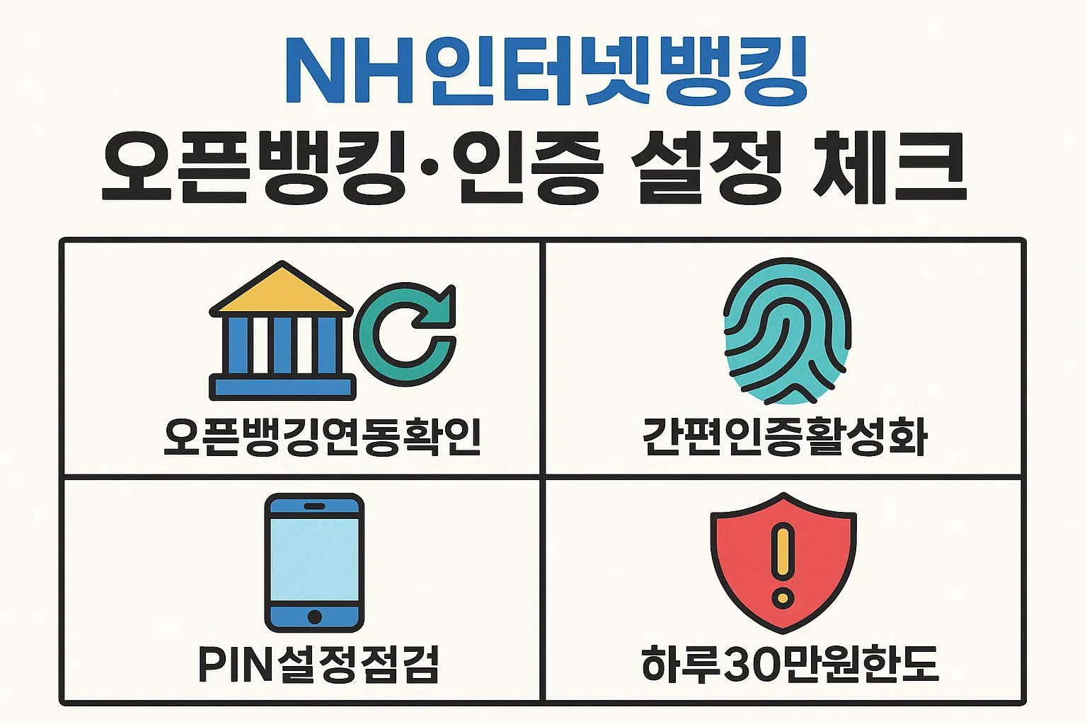 오픈뱅킹 연동 확인, 간편인증 활성화, PIN 설정 점검, 하루 30만원 한도 등 농협인터넷뱅킹의 인증 및 보안 설정 점검사항을 시각적으로 정리한 인포그래픽입니다.