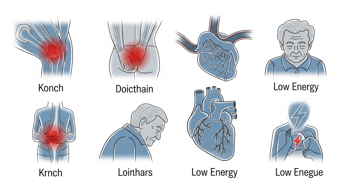 관절 통증, 혈관 건강, 피로감 등 노년층의 다양한 건강 고민을 시각적으로 표현한 인포그래픽