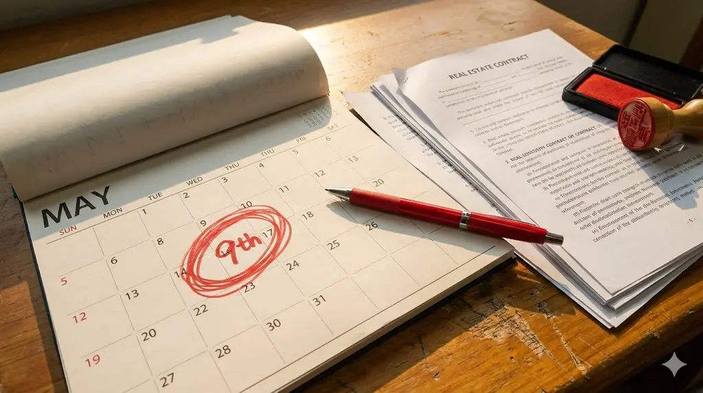 달력 5월 9일에 빨간 동그라미 치고 '잔금 필수'라고 적힌 이미지