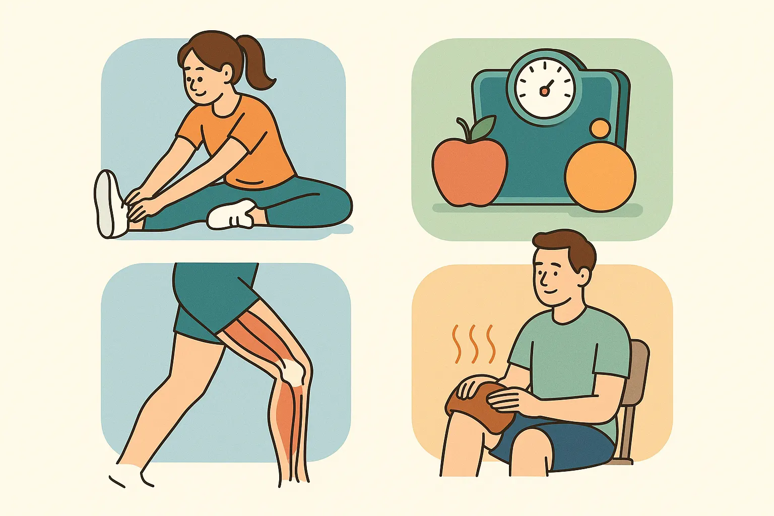 스트레칭, 체중 관리, 근육 강화 운동(대퇴사두근, 햄스트링)