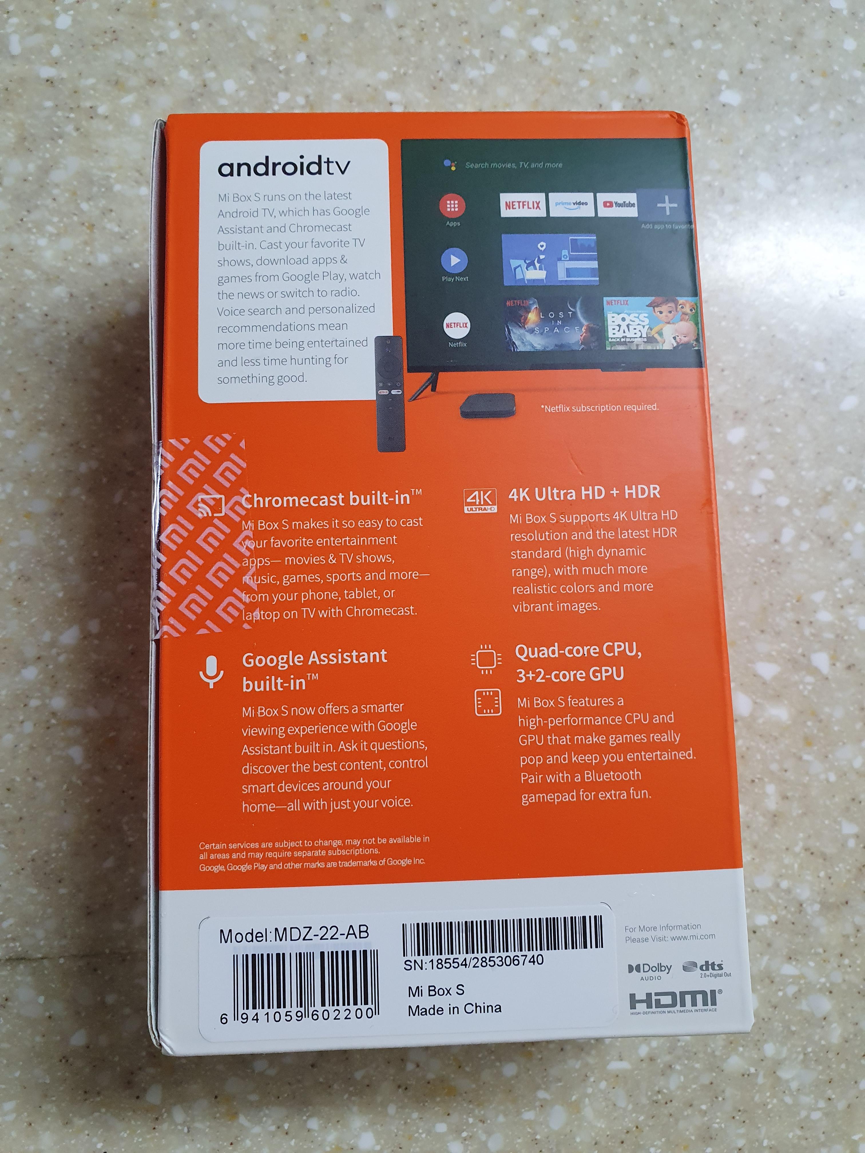 제가 구매한 안드로이드TV 미박스S 박스 뒷면 설명서 사진