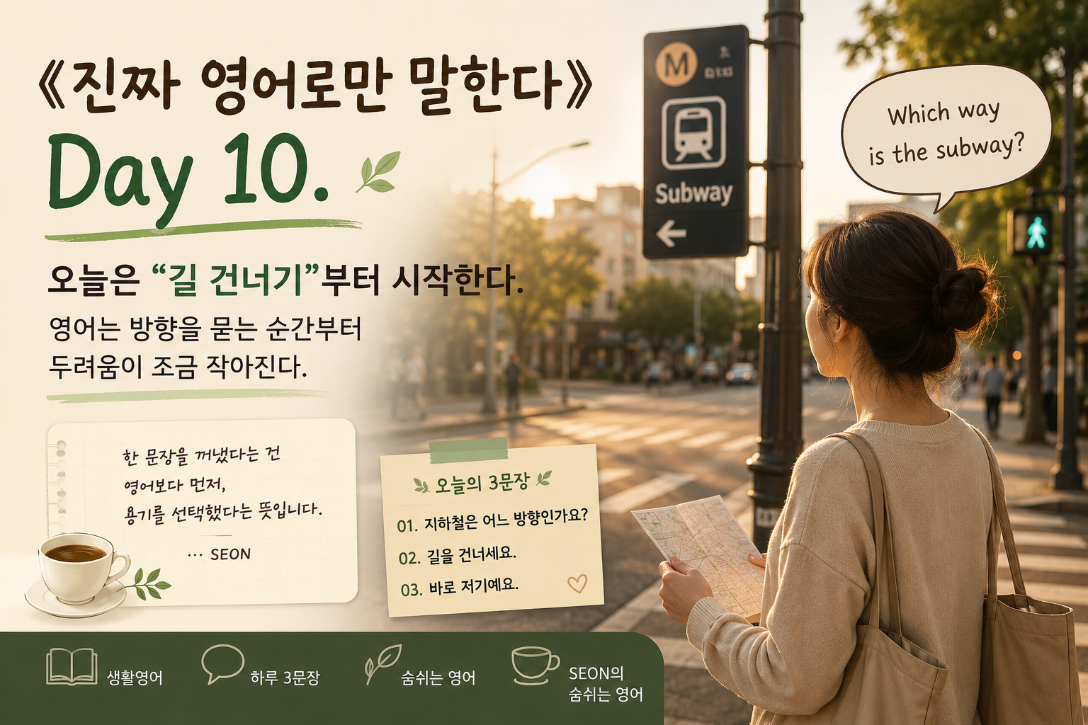 횡단보도 앞에서 길을 찾기 위해 영어로 질문하려는 학습자의 순간을 담은 감성 영어 이미지. 따뜻한 햇살이 비치는 거리 풍경 속에서 신호등과 길 안내 표지판이 보이며, 초보 학습자가 조심스럽게 영어 문장을 꺼내려는 분위기를 담고 있다. 《진짜 영어로만 말한다》 Day 10 메인 썸네일 이미지.