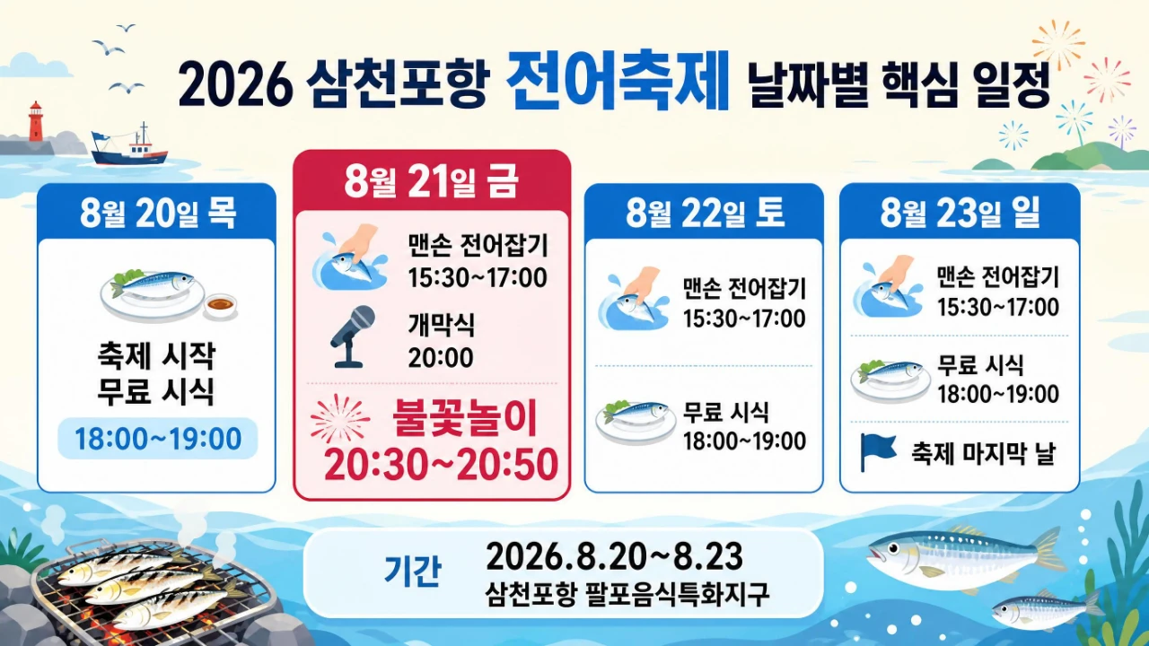 2026 삼천포항 자연산 전어축제 8월 20일부터 23일까지 날짜별 일정과 21일 불꽃놀이, 맨손 전어잡기 시간 안내