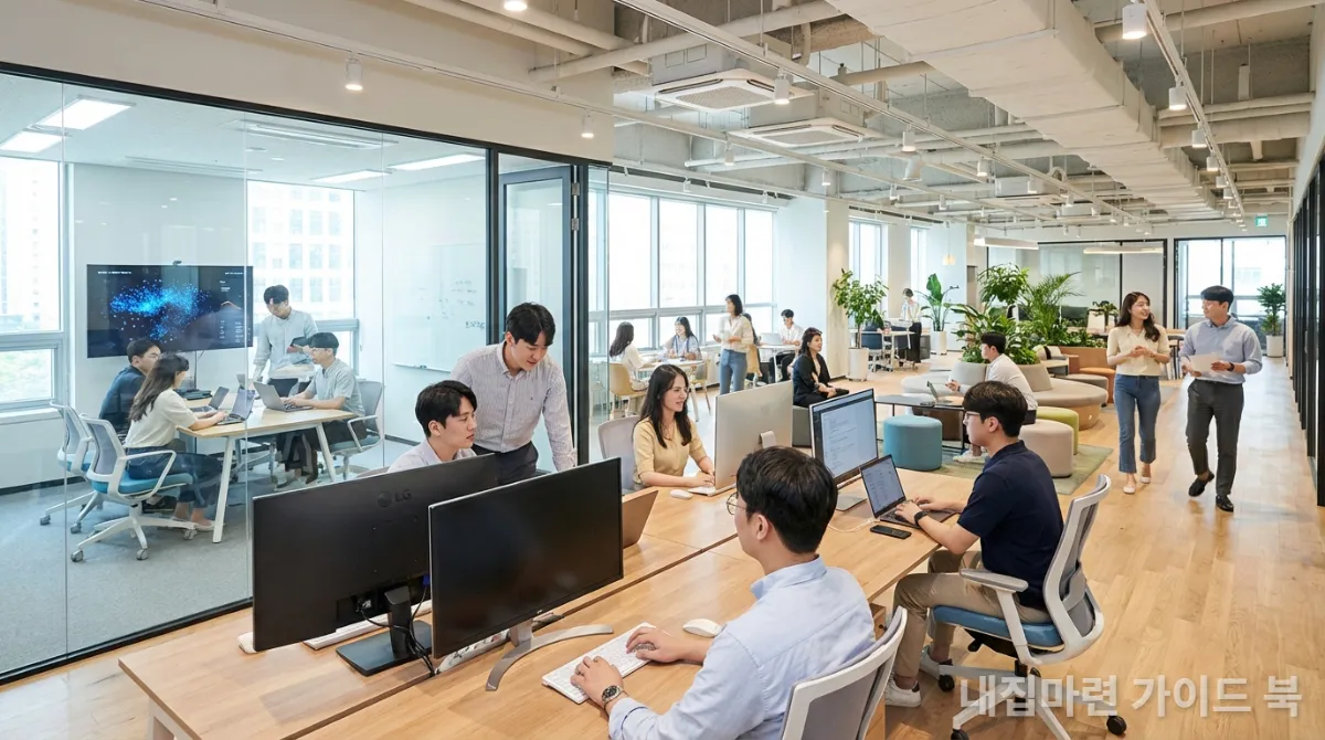 현대적인 한국 지식산업센터 내부에서 협업하는 젊은 한국인 직장인들의 모습
