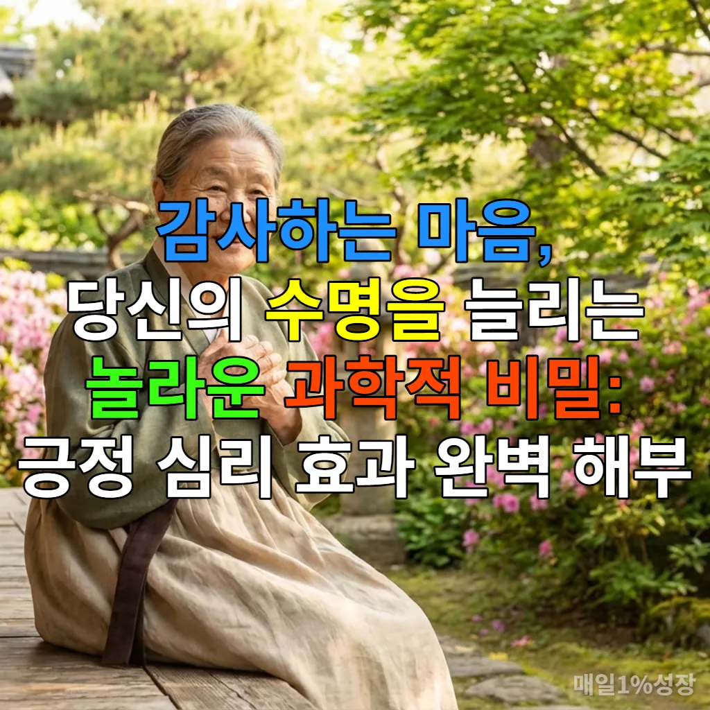 환하게 웃으며 감사하는 마음을 표현하는 한국인 할머니가 전통 정원에 앉아 있는 모습
