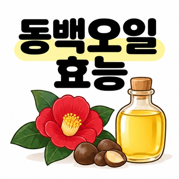 동백오일 효능 제목 아래 붉은 동백꽃과 씨앗, 노란 오일이 든 병을 배치한 그림