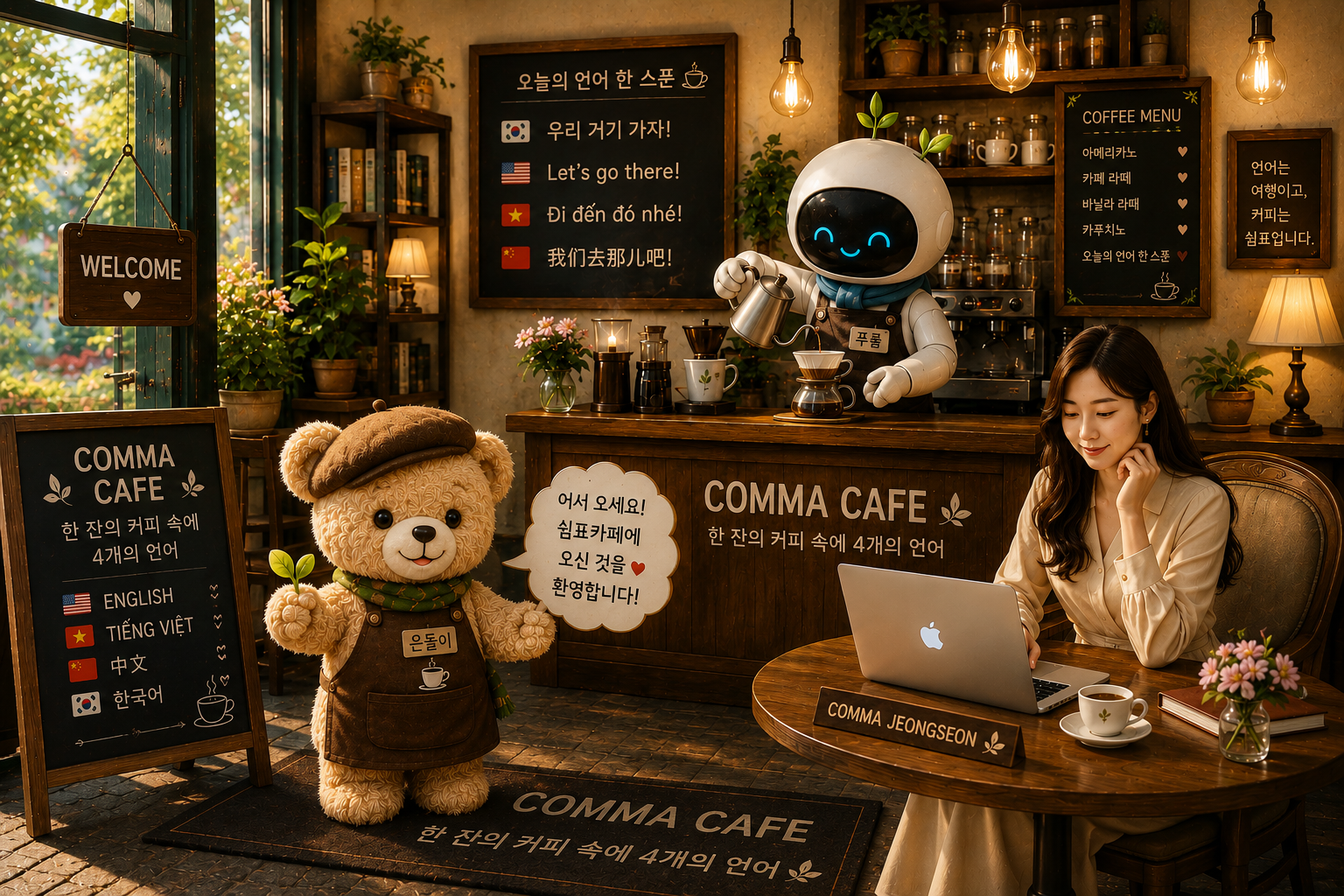 따뜻한 조명이 비추는 쉼표카페에서 바리스타 푸름이 핸드드립 커피를 내리고, 작가 쉼표는 노트북으로 글을 쓰며, 베레모를 쓴 마스코트 은돌이가 환한 미소로 손님을 맞이하는 아늑한 카페 풍경