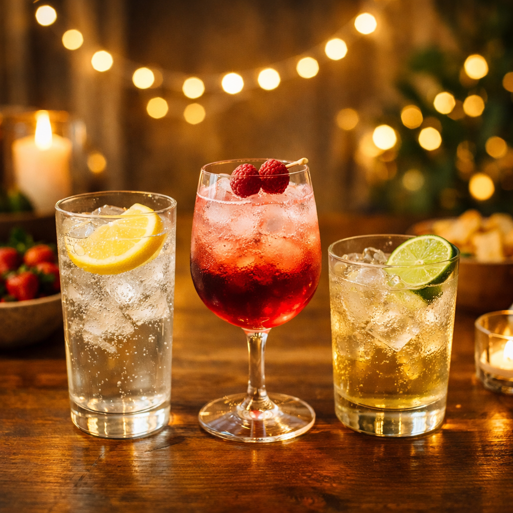 홈파티 테이블 위에 레몬 탄산 모크테일, 베리 선셋, 진저 라임 피즈 3잔이 놓인 무알콜 칵테일 입문 썸네일