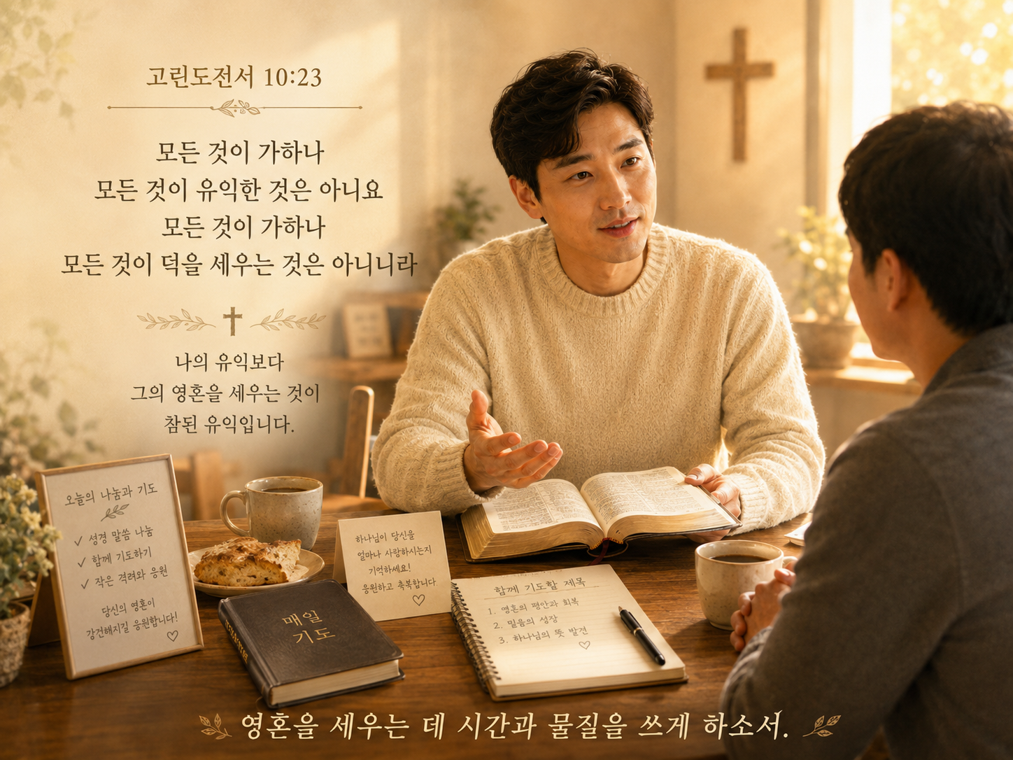 고전 10:23 말씀에서 내가 가진 자유로운 자원으로 할 수 있는 것은 나를 이롭게 하는 것이 아니라 영혼이 강하게 되는 것임을 생각하게 되었고&amp;#44; 영혼의 삶에 도움이 되는 시간과 물질을 사용하려는 시도를 하는 모습입니다.