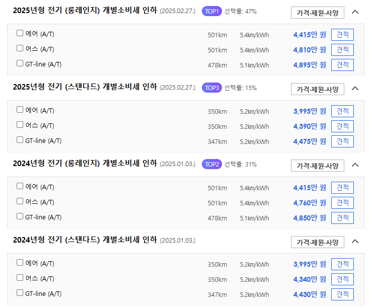 EV3 사양별 가격